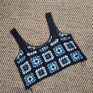 Blue Cropped Crochet Tank Top